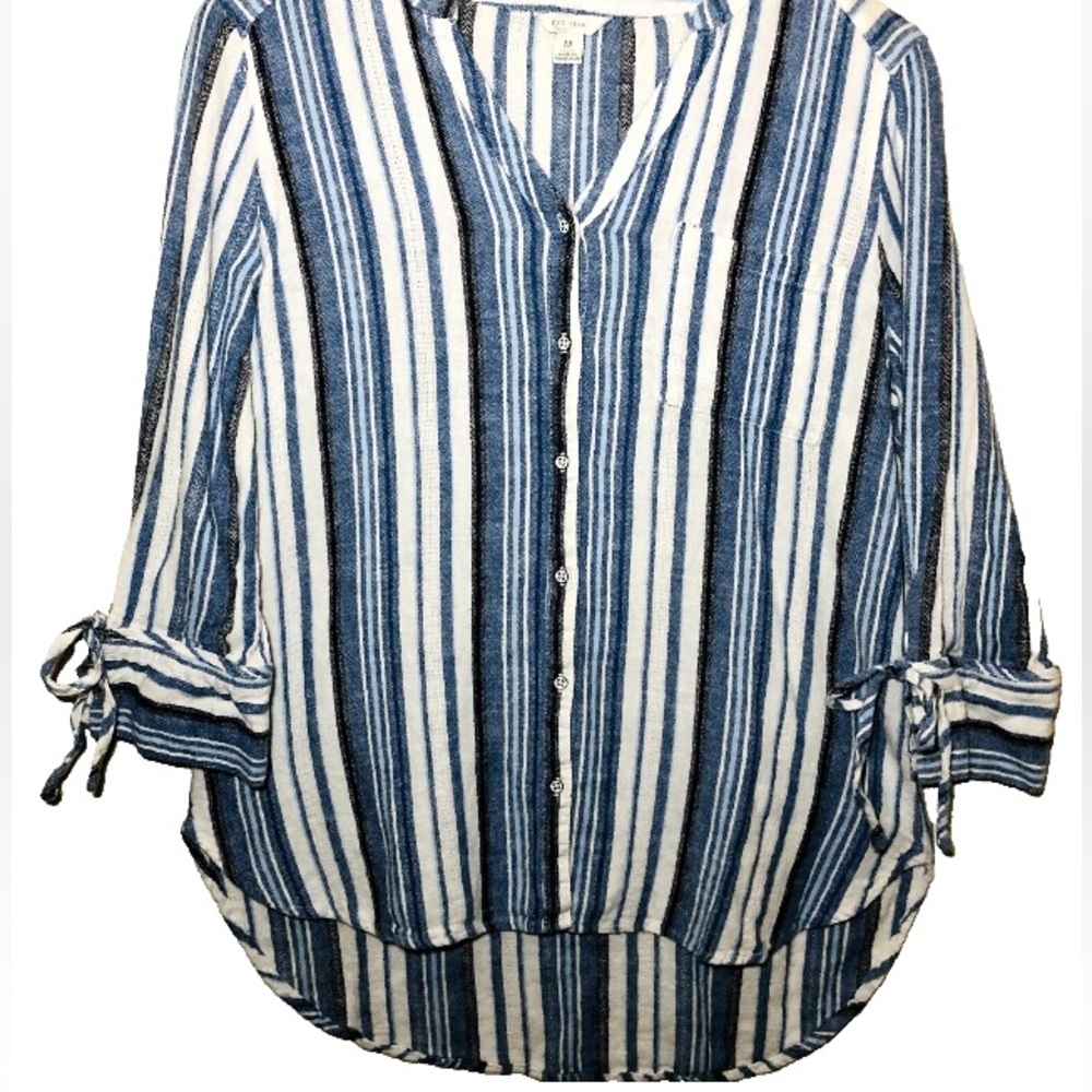 Boho Blouse Size Medium Est. 1946 Blue and White Stripes Button Down Tie Sleeves